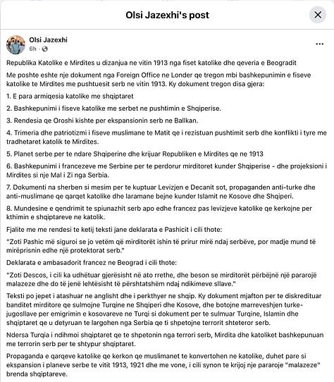 Dokumentimi i Postimit të Olsi Jazexhit në Facebook të Mërkurën më 25 Shkurt, 2026.