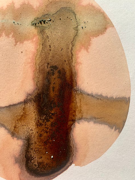 Original inkwork on paper. Hawthorn with iron rust and copper pipe.