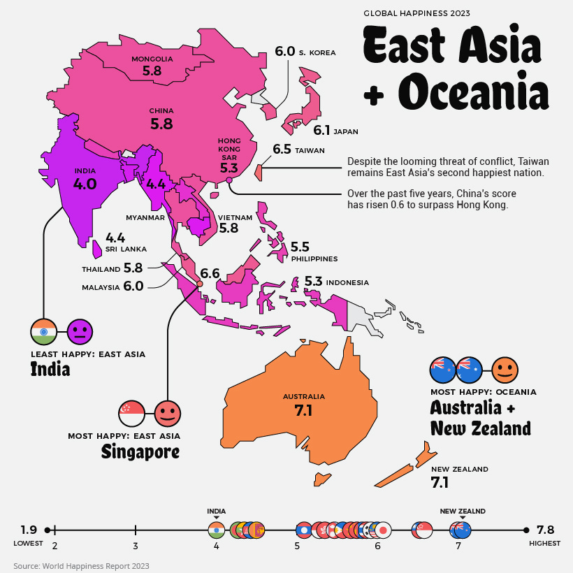 world's happiest countries 2023 - East Asia map world's happiest countries 2023 - East Asia map