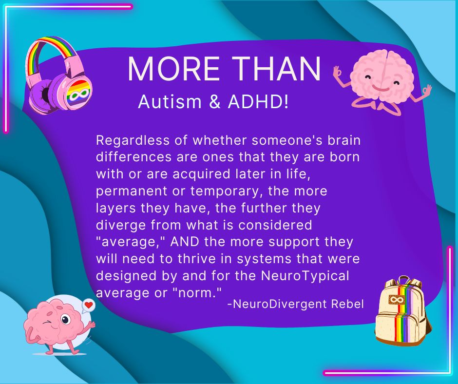 Regardless of whether someone's brain differences are ones that they are born with or are acquired later in life, permanent or temporary, the more layers they have, the further they diverge from what is considered "average," AND the more support they will need to thrive in systems that were designed by and for the NeuroTypical average or "norm." Regardless of whether someone's brain differences are ones that they are born with or are acquired later in life, permanent or temporary, the more layers they have, the further they diverge from what is considered "average," AND the more support they will need to thrive in systems that were designed by and for the NeuroTypical average or "norm."