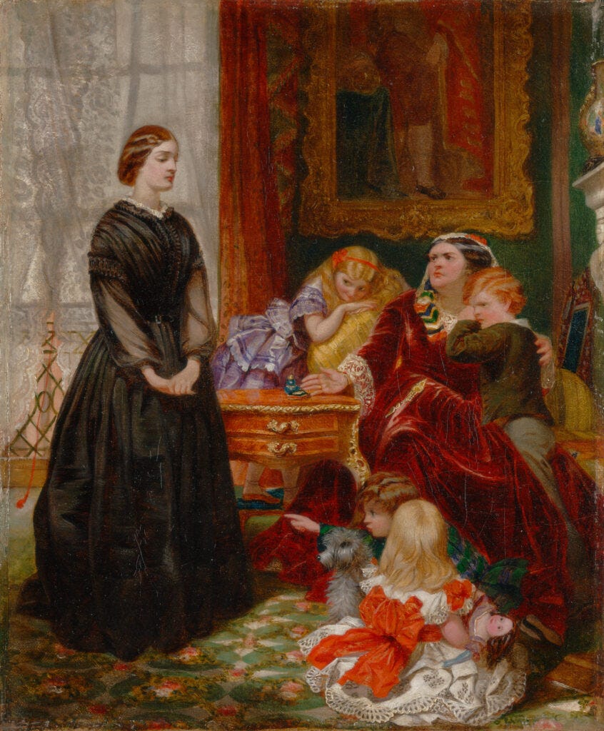 Painting showing a middle-class family's disapproval of their new governess Painting showing a middle-class family's disapproval of their new governess