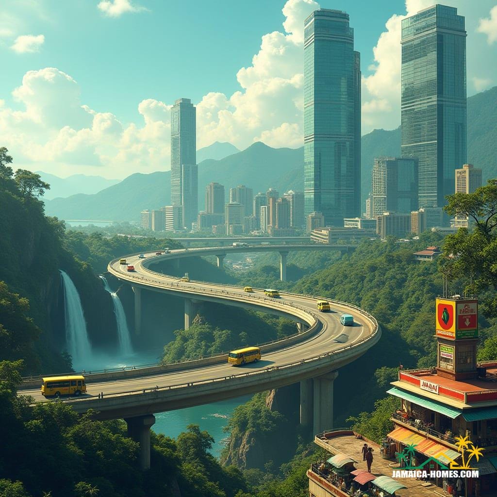 A futuristic skyline with sleek glass towers, highway snaking through, petrol stations and convenience stores mid-level, colorful Jamaican minibuses on elevated roads, waterfalls and area between flat bridge and Ocho Rios between facades, vibrant market stalls on rooftop terraces, in a cinematic film still style, reminiscent of Blade Runner, with a hint of Syd Mead and Ash Thorp's futuristic neon aesthetic, shot on 35mm film with a v-raptor XL, incorporating film grain, vignette, and cinematic lighting, color graded for a dramatic atmosphere.