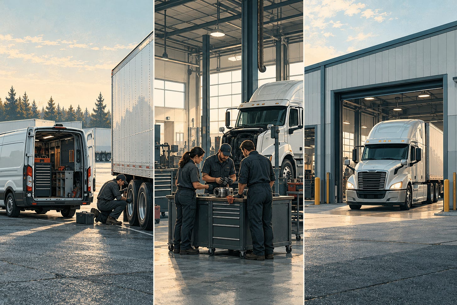 Illustration of three fleet-maintenance arrangements. Illustration of three fleet-maintenance arrangements.