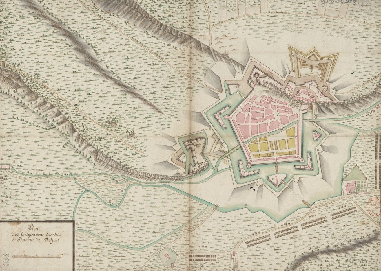 Plan des fortifications des villes et Château de Belfort, 1745, gallica.bnf.fr/ Bibliothèque nationale de France. Plan des fortifications des villes et Château de Belfort, 1745, gallica.bnf.fr/ Bibliothèque nationale de France.