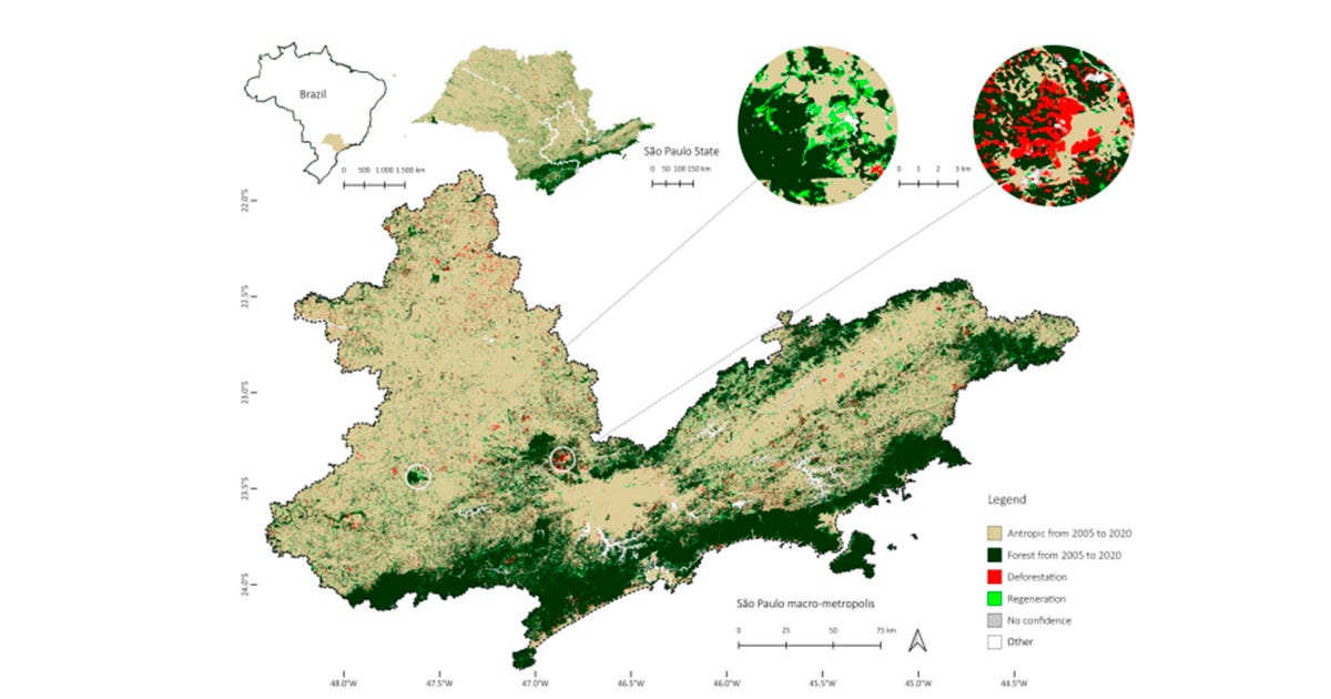 Mapa do Estado de São Paulo com a Macrometrópole Paulista destacada, mostrando em verde-escuro as áreas florestadas, em bege as áreas antrópicas, e em vermelho e verde-claro, respectivamente, zonas de desmatamento e regeneração entre 2005 e 2020, com dois recortes ampliados de áreas periurbanas. Mapa do Estado de São Paulo com a Macrometrópole Paulista destacada, mostrando em verde-escuro as áreas florestadas, em bege as áreas antrópicas, e em vermelho e verde-claro, respectivamente, zonas de desmatamento e regeneração entre 2005 e 2020, com dois recortes ampliados de áreas periurbanas.
