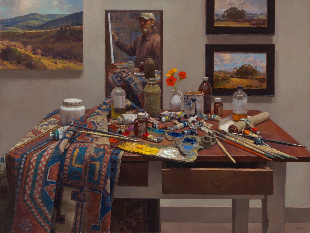 A painting table with art supplies and a painting of a person

Description automatically generated