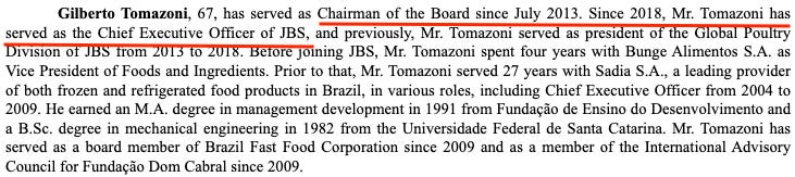 Excerpt from Pilgrim’s Pride Corporation 2025 Proxy Statement showing board composition and disclosure that the board chairman Gilberto Tomazoni also serves as Chief Executive Officer of parent company JBS S.A., along with related-party transaction disclosures for Moy Park and other JBS-affiliated counterparties.