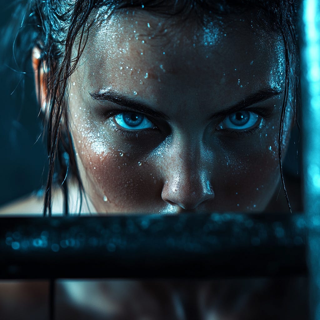 Close-up of a fit, sweaty woman with blue eyes staring intently at a barbell in the foreground getting ready to lift it, dark background and some light blue lighting. Close-up of a fit, sweaty woman with blue eyes staring intently at a barbell in the foreground getting ready to lift it, dark background and some light blue lighting.