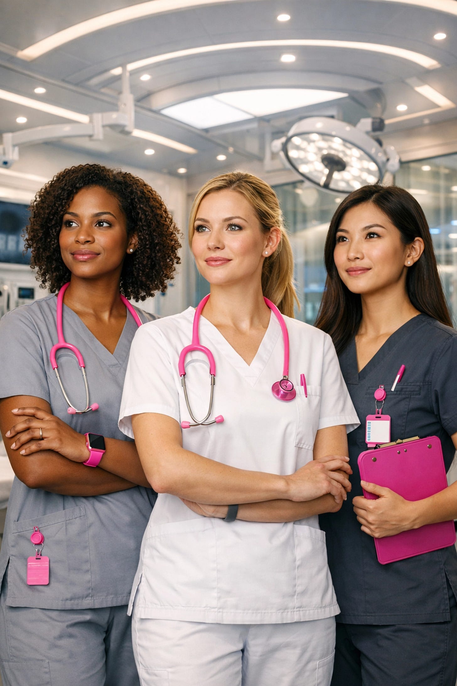 Diverse group of empowered nurses in a modern medical suite representing professional networking. Diverse group of empowered nurses in a modern medical suite representing professional networking.