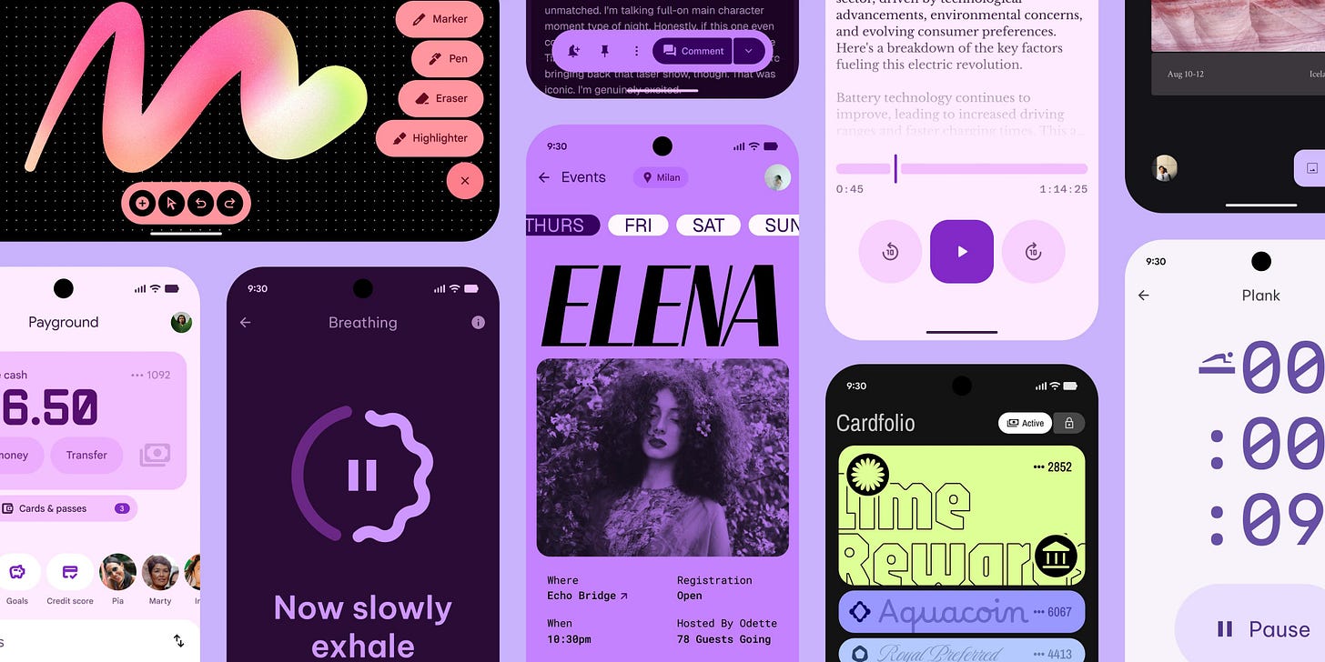 Vibrant smartphone apps using M3 Expressive tactics and components.
