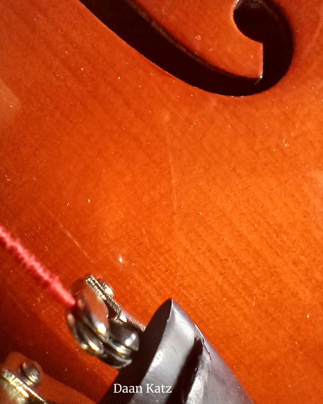 Detail of a violin's fine tuners, strings, and f hole.