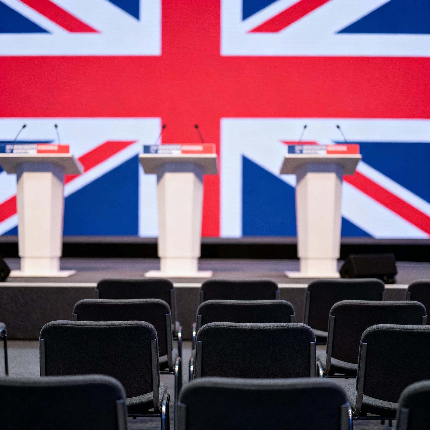 Empty political podiums symbolizing lack of serious solutions for Britain's fiscal crisis Empty political podiums symbolizing lack of serious solutions for Britain's fiscal crisis