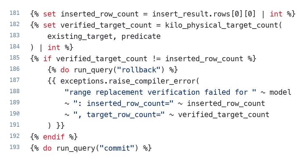 Verification, rollback and commit at the end of the range-replacement macro. The count check runs inside the transaction, so a mismatch rolls back before the compiler error is raised.