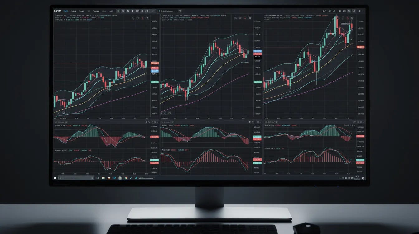 The image displays a computer screen with multiple chart timeframes side by side, showcasing various technical indicators including the Williams Percent Range indicator. These charts are designed to help identify overbought and oversold conditions, providing traders with valuable insights into potential reversal points and trading strategies.