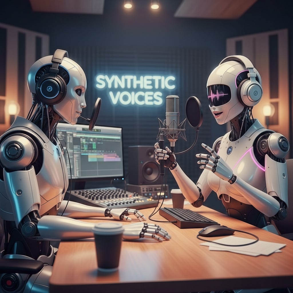 A male and a female bot recording a podcast