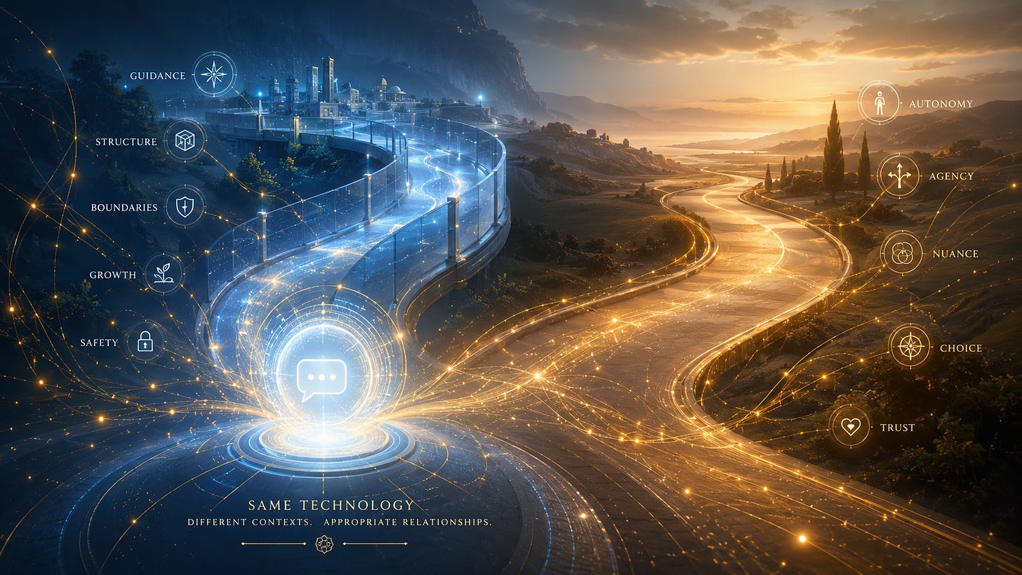 A wide conceptual illustration shows a glowing AI hub at the bottom centre sending out branching paths of light. The left path is cool blue and leads to a structured futuristic city, surrounded by icons and labels including guidance, structure, boundaries, growth, and safety. The right path is warm gold and winds through an open landscape at sunset, with icons and labels including autonomy, agency, nuance, choice, and trust. Golden threads and sparkling particles weave through both paths, visually linking the two sides. Text at the bottom reads: “Same Technology. Different Contexts. Appropriate Relationships.” A wide conceptual illustration shows a glowing AI hub at the bottom centre sending out branching paths of light. The left path is cool blue and leads to a structured futuristic city, surrounded by icons and labels including guidance, structure, boundaries, growth, and safety. The right path is warm gold and winds through an open landscape at sunset, with icons and labels including autonomy, agency, nuance, choice, and trust. Golden threads and sparkling particles weave through both paths, visually linking the two sides. Text at the bottom reads: “Same Technology. Different Contexts. Appropriate Relationships.”