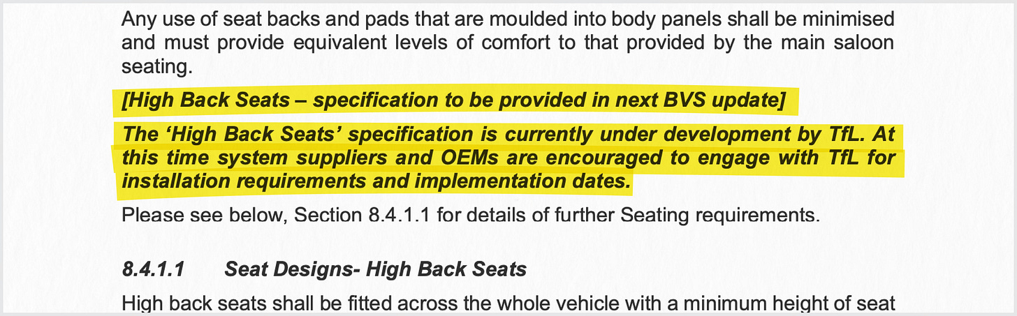 Snippet from latest BVS with "High back seats" comment highlighted.