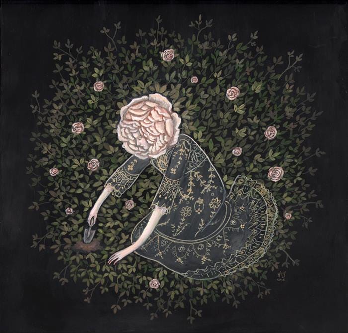Illustration of a woman with a rose for a head in a lace dress, gardening other pink roses with a tiny spade. It is midnight and everything around her is black