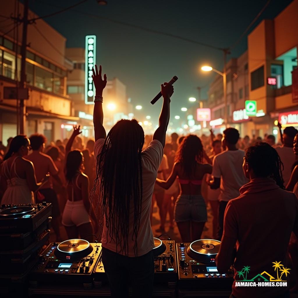 A lively Jamaican street at night, filled with people dancing to a powerful sound system with towering stacks of speakers blasting reggae music.