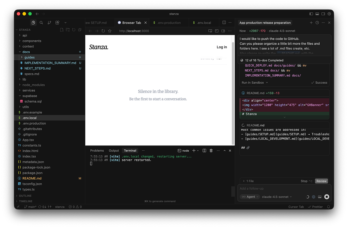 The Cursor editor shows the chat panel moving several markdown files into a dedicated guides folder. The Cursor editor shows the chat panel moving several markdown files into a dedicated guides folder.