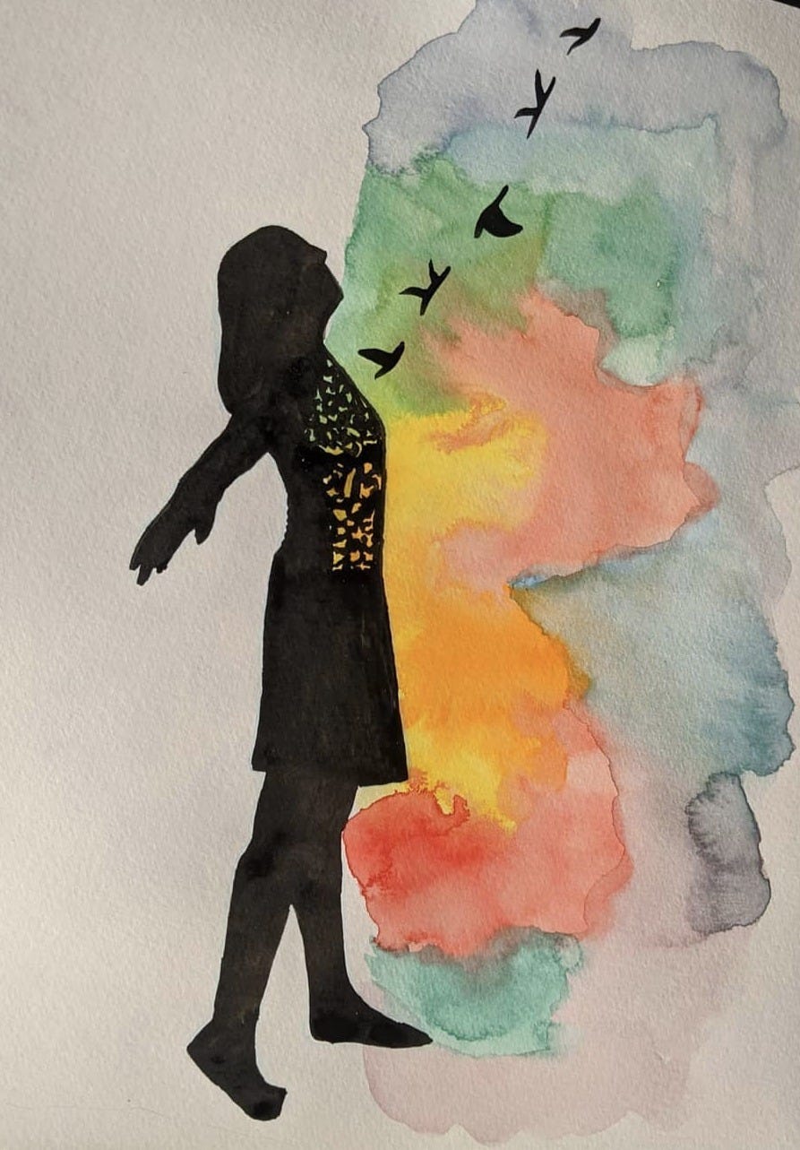 Watercolor image of a woman painted in ink with holes in her chest and birds flying out of it with a backdrop of brightly colored watercolors.  Painting by Catherine Sipher