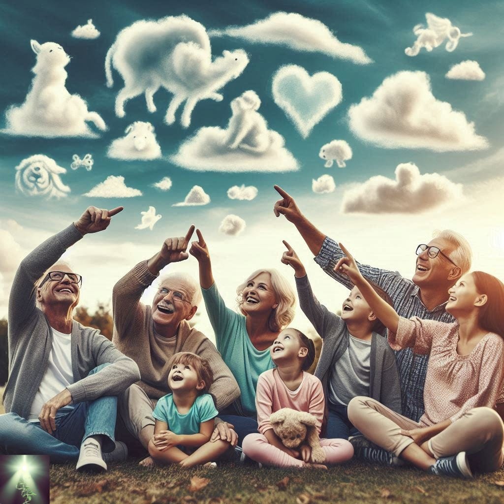 People of various generations pointing at clouds in animal shapes