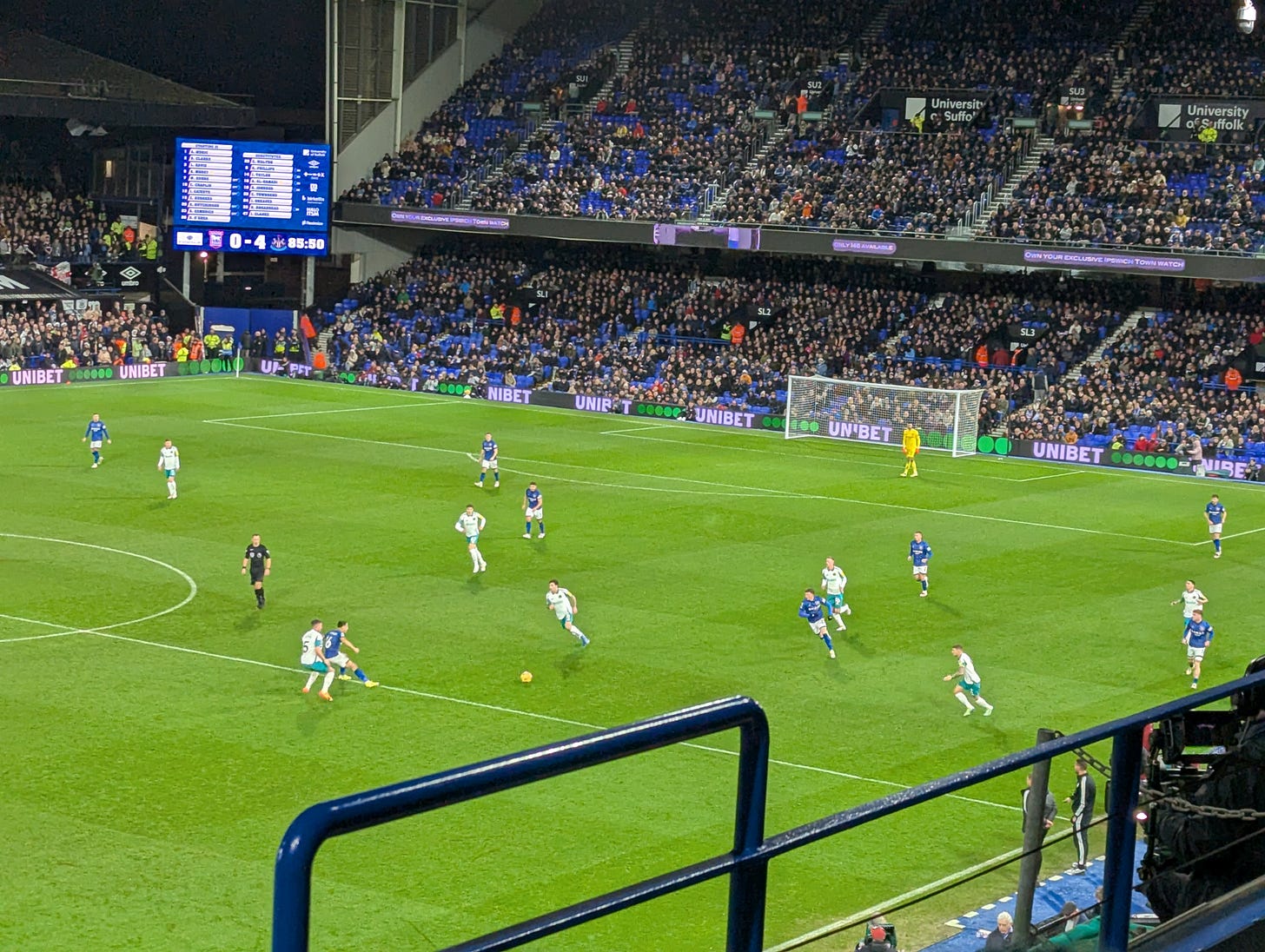 Ali Al-Hamadi tries to hold the ball up on the halfway line in the 86th minute of Ipswich-Newcastle