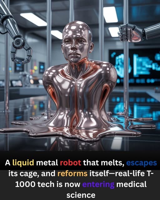 May be an image of text that says 'A liquid metal robot that melts, escapes its cage, and reforms itself-real-life T- 1000 tech is now entering medical science'