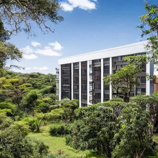 Glass and concrete building emerging from a jungle.