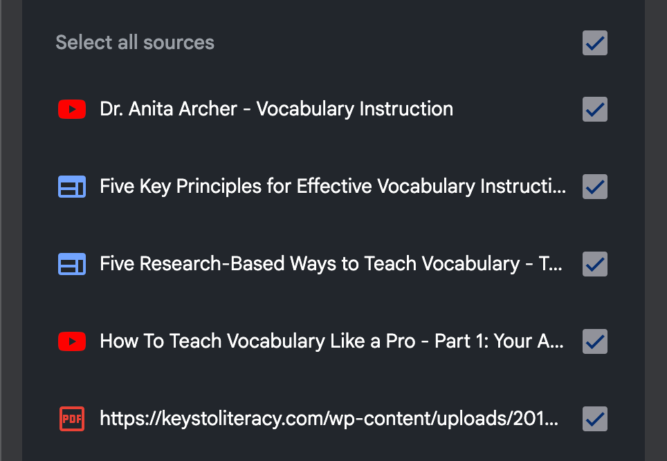 Screenshot of a source selection interface featuring checked entries like "Dr. Anita Archer – Vocabulary Instruction" and "Five Key Principles for Effective Vocabulary Instruction."