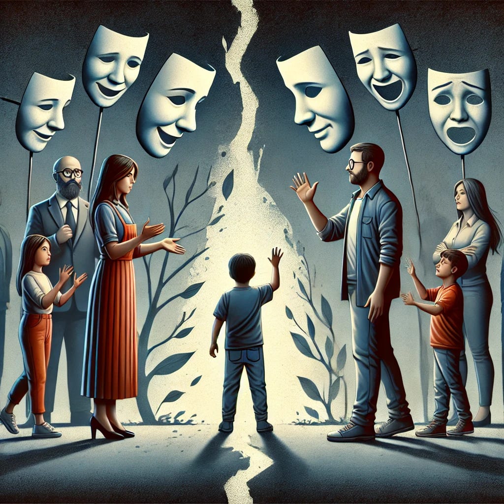 A compelling digital illustration representing the concept of parental alienation. On one side, a mother stands surrounded by a group of supporters, all holding up masks of sympathy and validation, while a father stands on the other side, isolated and reaching out towards his children, who are behind an invisible barrier. The children look conflicted, caught in the middle, with one hand reaching for the father and the other held back by the mother. The background subtly incorporates imagery of broken family bonds, such as a tree with split roots and fading connections, symbolizing division and alienation.