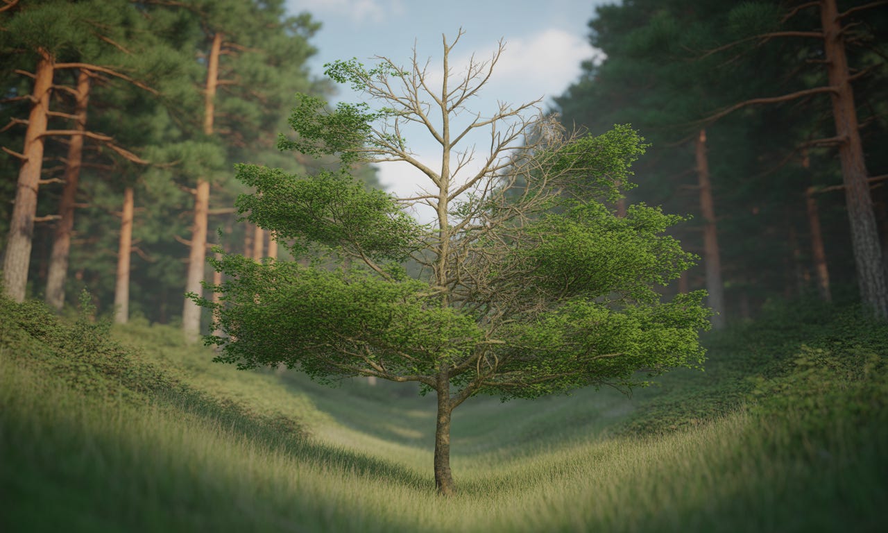 Graphic showing an overgrown branch extending too far from a tree, symbolizing energy-draining growth.