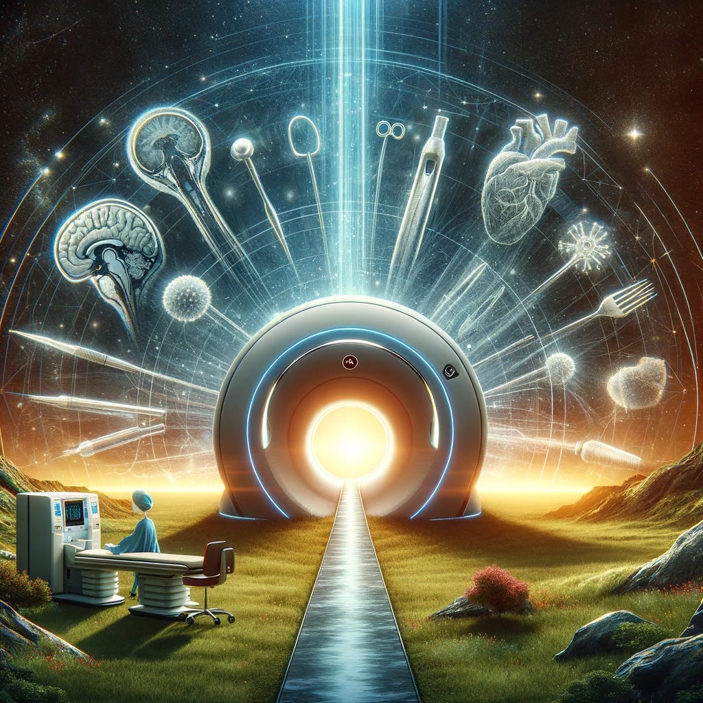 A visually engaging and hopeful image representing the advancement in cancer care through technology and prevention. The scene includes a symbolic representation of MRI machines and surgical tools, surrounded by a halo of light to signify hope and breakthrough in medical science. In the foreground, a serene landscape suggests peace and healing, with a path leading towards a sunrise on the horizon, symbolizing the journey of patients towards a brighter, cancer-free future. The image is devoid of any people, focusing on the elements that represent the key themes of prevention, technology, and hope in the fight against cancer.