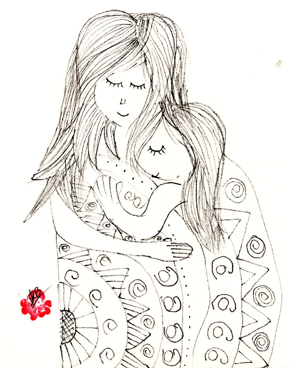 Ink illustration of a mother quietly embracing her young daughter, both with closed eyes. Patterned textiles wrap around them while a single red flower blooms nearby, evoking safety, tenderness, and the quiet inheritance of love. Ink illustration of a mother quietly embracing her young daughter, both with closed eyes. Patterned textiles wrap around them while a single red flower blooms nearby, evoking safety, tenderness, and the quiet inheritance of love.