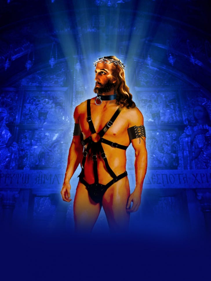 white jesus wearing a leather harness. 