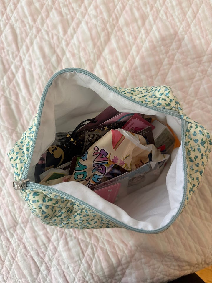 trinket collection in blue and green bag 