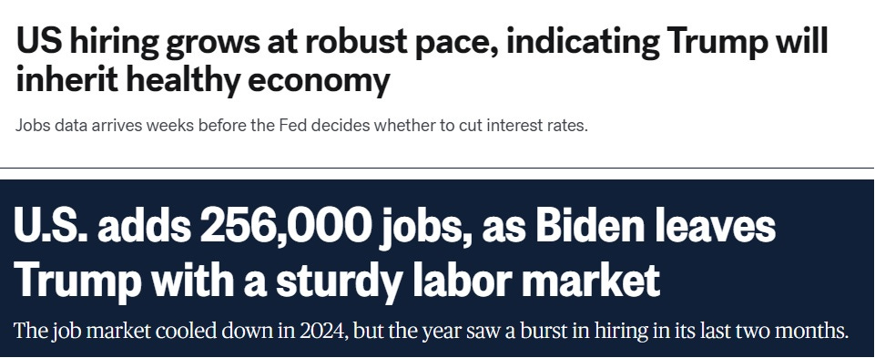 Screenshots of headlines about December jobs reports. ABC News headline: 'US hiring grows at robust pace, indicating Trump will inherit healthy economy." ABC subheading: 'Jobs data arrives weeks before the Fed decides whether to cut interest rates.' NBC News headline: ' U.S. adds 256,000 jobs, as Biden leaves Trump with a sturdy labor market.' NBC subheading: 'The job market cooled down in 2024, but the year saw a burst in hiring in its last two months.' Screenshots of headlines about December jobs reports. ABC News headline: 'US hiring grows at robust pace, indicating Trump will inherit healthy economy." ABC subheading: 'Jobs data arrives weeks before the Fed decides whether to cut interest rates.' NBC News headline: ' U.S. adds 256,000 jobs, as Biden leaves Trump with a sturdy labor market.' NBC subheading: 'The job market cooled down in 2024, but the year saw a burst in hiring in its last two months.'