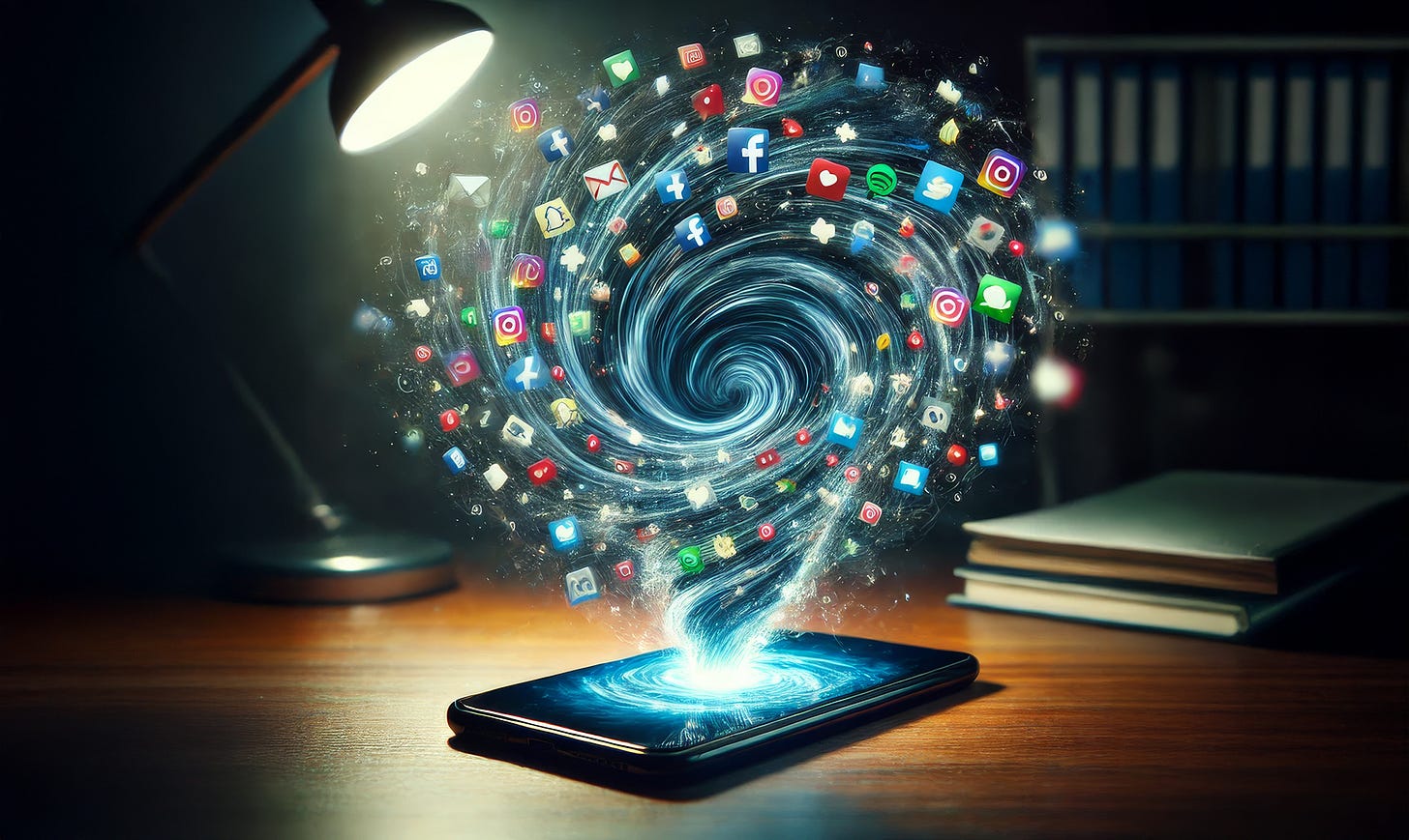 A smartphone on a desk emits a swirling vortex of social media icons, symbolizing digital overload