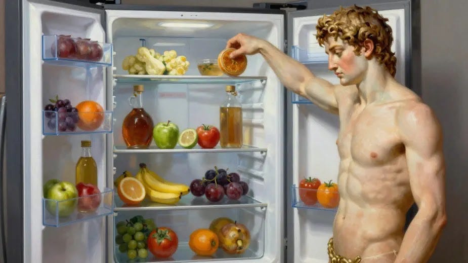 An open well-maintained and organized refrigerator in a modern tidy kitchen an oil painting