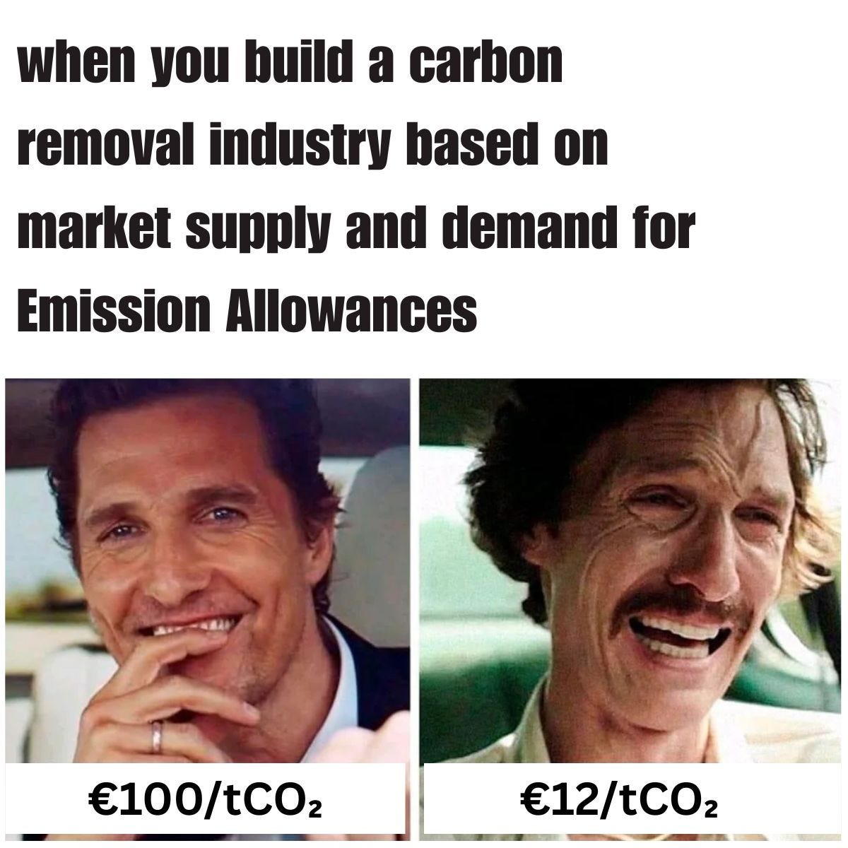 "when you build a carbon removal industry based on market supply and demand for Emission Allowances" above two photos of Matthew McConaughey: smiling and healthy at "€100/tCO2," gaunt and laughing at "€12/tCO2."