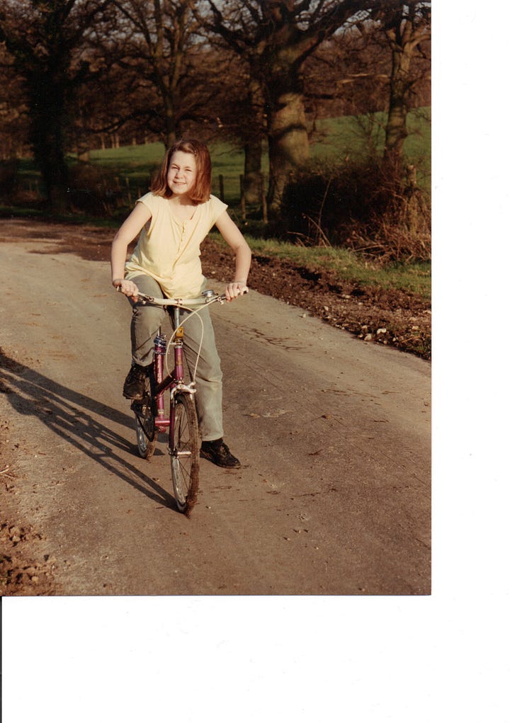 Two Photos, one of me as a teenager, on a long bike ride in the countryside. The second photo is of a mobility scooter with a trailer behind