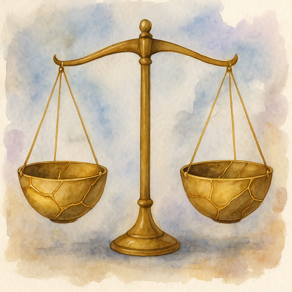 Scales with kintugi bowls - ai generated - watercolour wash - CreaTEAvity Studio