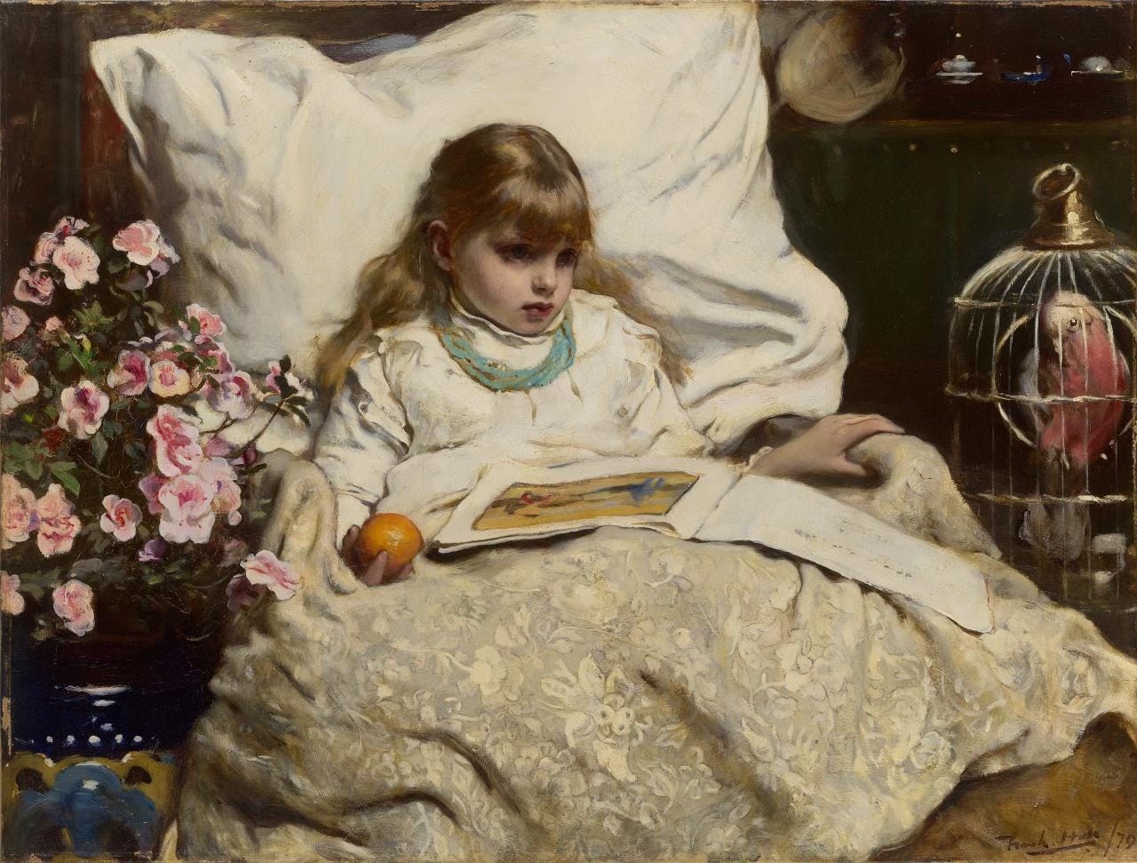 An oil painting called ‘the daughter of the house, 1879’ by Frank Holl. In the painting, a young girl recovers from an illness in bed. She is reading a book, and by her side there is a parrot in a cage. She looks bored out of her mind
