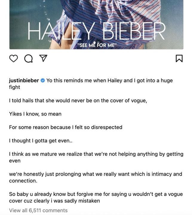 Justin Bieber Edited His Backhanded Hailey Caption After Vogue Insult  Backlash | Teen Vogue