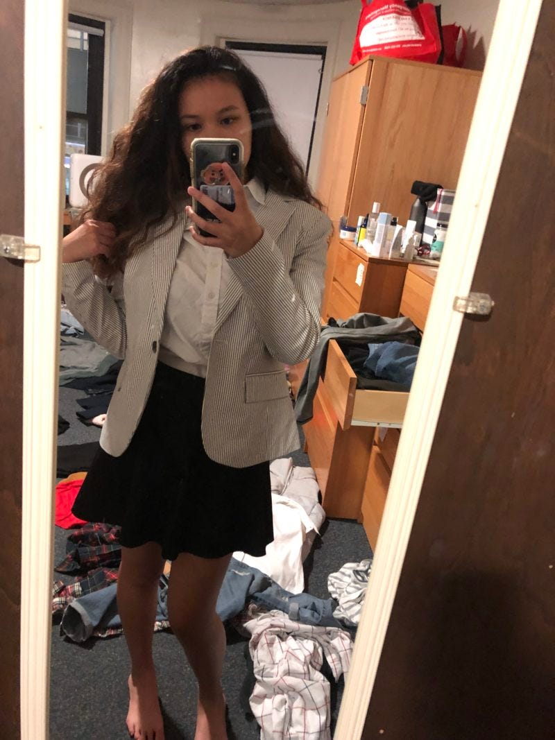 white button down with striped blazer and skirt