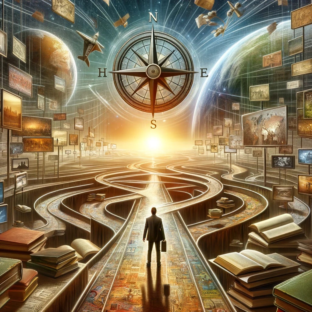 An inspirational and dynamic scene reflecting the quest for a comprehensive and honest understanding of history. This image features a person standing at a crossroads of multiple paths, each path lined with books, newspapers, and screens displaying different historical events and perspectives. Above, a compass symbolizing guidance hovers, pointing towards the various paths to encourage exploration. The person is depicted as reaching out towards the paths with curiosity and determination, embodying the proactive search for untold stories and diverse sources. The paths lead off into the horizon, merging into a globe that showcases different parts of the world, emphasizing the global aspect of understanding history. The atmosphere is one of discovery and enlightenment, with a warm, inviting light illuminating the crossroads, suggesting the potential for growth and deeper understanding through active engagement with history.