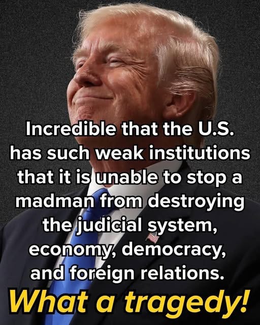 May be an image of 1 person and text that says 'Incredible that the U.S. has such weak institutions that it is unable to stop a madman from destroying the judicial system, economy, democracy, and foreign relations. What a tragedy!'