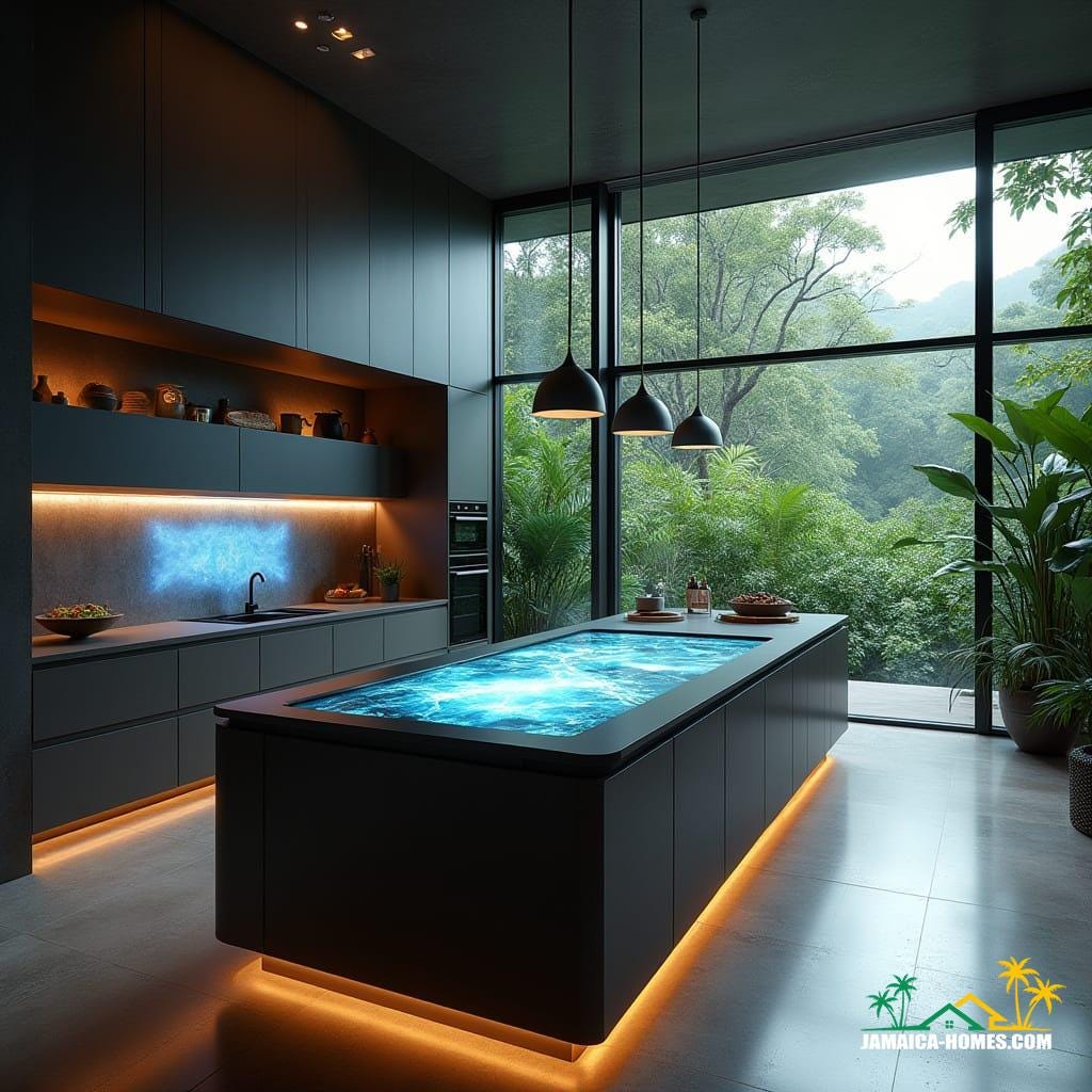An ultra-modern kitchen in Jamaica, compact yet luxurious, featuring a futuristic island with an interactive, living surface that displays moving images, creating an almost alive effect. The glossy, holographic countertop shifts visuals dynamically, responding to touch or motion. The kitchen boasts sleek matte-finish cabinetry, smart appliances, ambient LED lighting, and a minimalist design with natural wood and stone accents. Large glass windows provide natural light and a tropical garden view, blending innovation with the beauty of the island lifestyle.