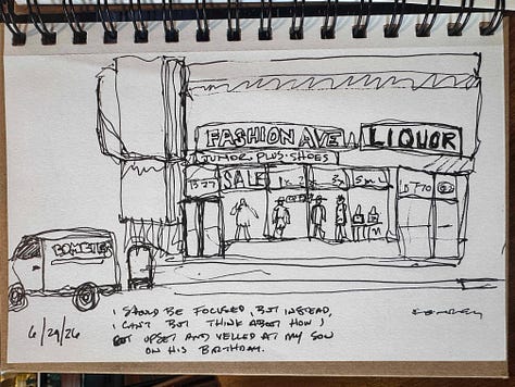9 different urban sketches in black line by Dave Conrey