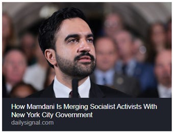 The image shows a headshot of an individual with a speech bubble containing a headline about Mamdani merging socialist activists with New York City government. AI-generated content may be incorrect.